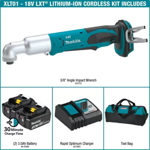 Makita 18-Volt LXT Lithium-Ion 1/4 in. Cordless Angle Impact Driver Kit with (2) Batteries 3.0Ah, Charger and Tool Bag