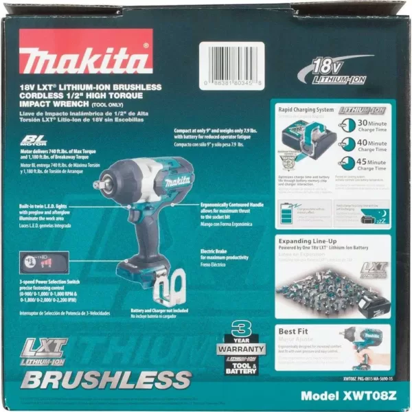 Makita 18-Volt LXT Lithium-Ion Brushless Cordless High Torque 1/2 in. 3-Speed Drive Impact Wrench (Tool-Only)