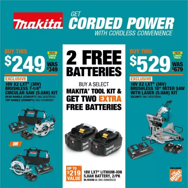 Makita 18V X2 LXT Lithium-Ion(36V) Brushless Cordless 10 in. Dual-Bevel Sliding Compound MiterSaw Laser w/BONUS 5.0Ah Batteries