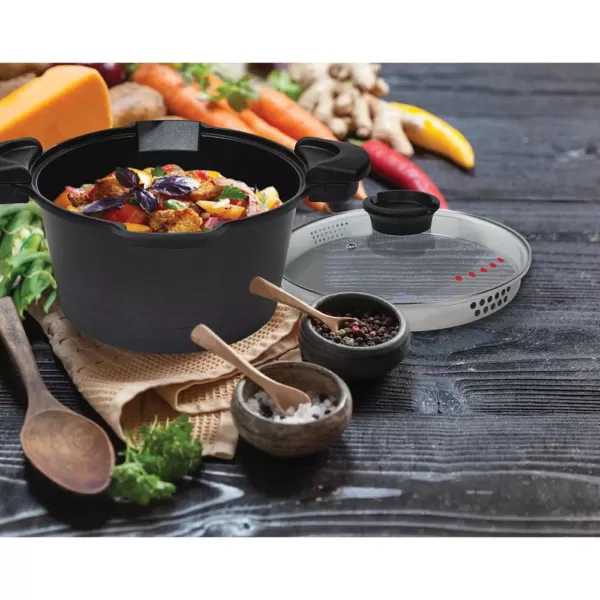 MasterPan Innovative Series 5 qt. Cast Aluminum Non-Stick Stock N Pasta Pot in Black with Easy Pour Strainer and Glass Lid