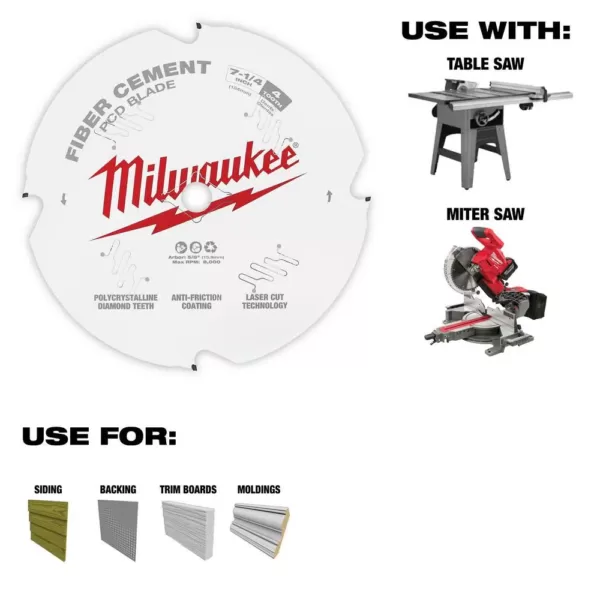 Milwaukee 7-1/4 in. x 4-ToothPolycrystalline Diamond (PCD) Tipped Fiber Cement Cutting Saw Blade