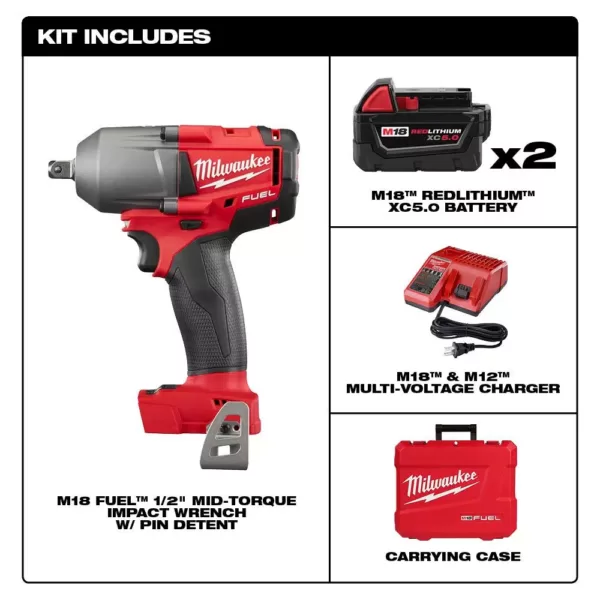 Milwaukee M18 FUEL 18-Volt Lithium-Ion Brushless Cordless Mid Torque 1/2 in. Impact Wrench W/ Pin Detent Kit W/(2) 5.0Ah Batteries