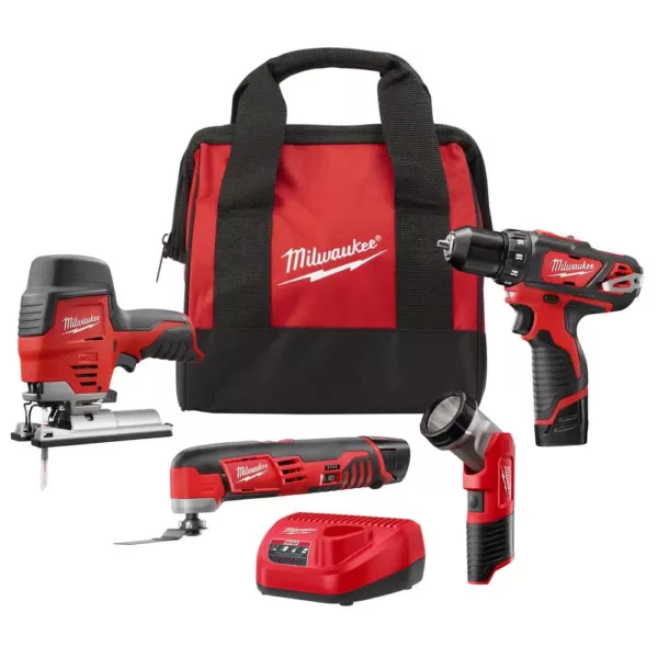 Milwaukee M12 12-Volt Lithium-Ion Cordless Combo Tool Kit (4-Tool) with Two 1.5 Ah Batteries, 1 Charger, 1 Tool Bag