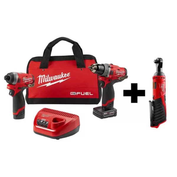 Milwaukee M12 FUEL 12-Volt Li-Ion Brushless Cordless Hammer Drill and Impact Driver Combo Kit (2-Tool)w/ M12 3/8 in. Ratchet