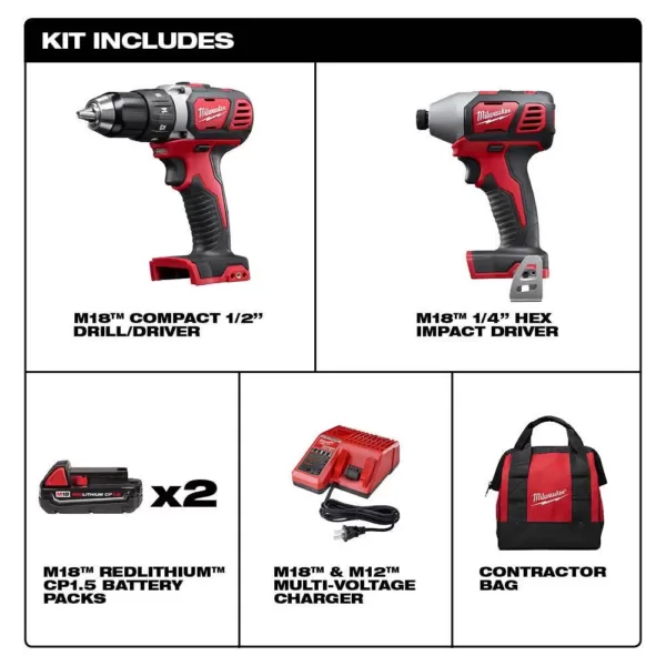 Milwaukee M18 18-Volt Lithium-Ion Cordless Drill Driver/Impact Driver Combo Kit (2-Tool) with 2 Batteries and 50p Driving Bit Set