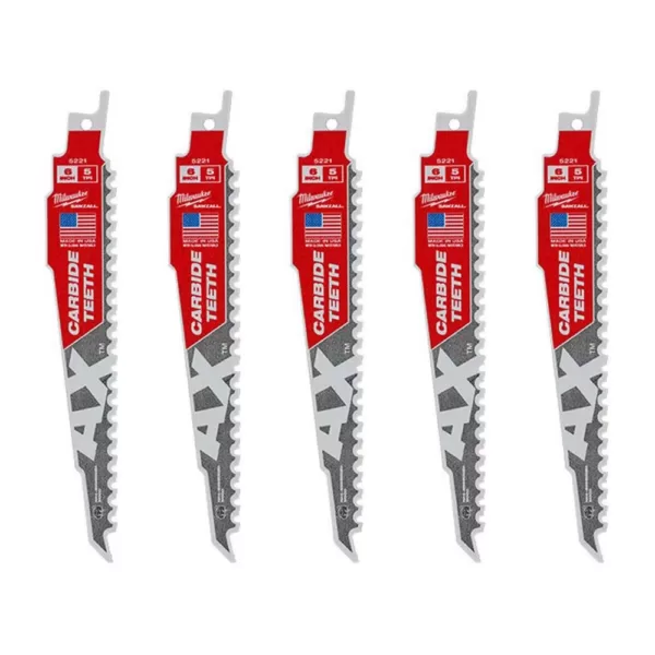 Milwaukee 6 in. 5 Teeth per in. AX Carbide Teeth Demolition Nail Embedded Wood Cutting SAWZALL Reciprocating Saw Blades (5 Pack)