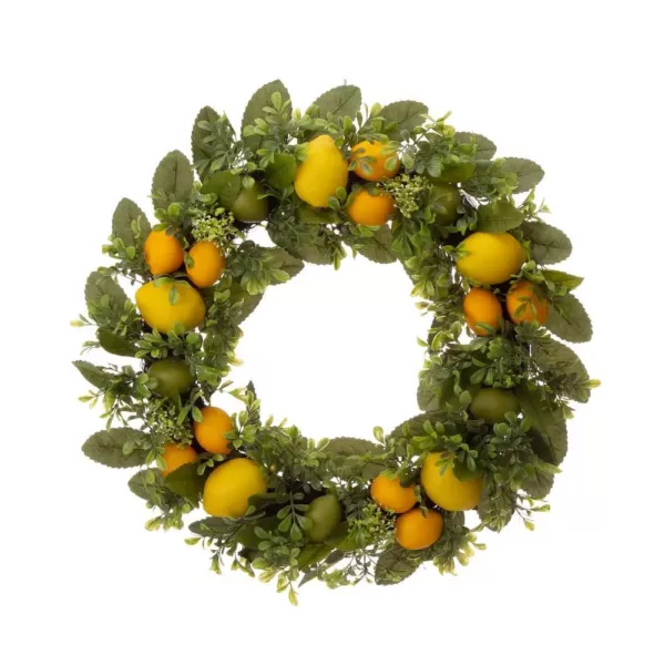 Glitzhome 28 in. Wooden Window Frame with 22 in. Greenery Lemon Wreath