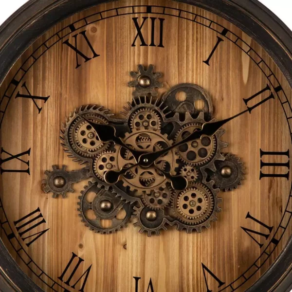 Glitzhome 27.76 in. D Vintage Industrial Oversized Wooden/Metal Wall Clock with Moving Gears