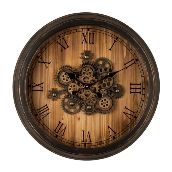 Glitzhome 27.76 in. D Vintage Industrial Oversized Wooden/Metal Wall Clock with Moving Gears