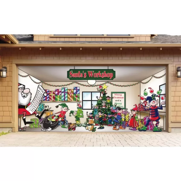 My Door Decor 7 ft. x 16 ft. Santa's Workshop Christmas Garage Door Decor Mural for Double Car Garage