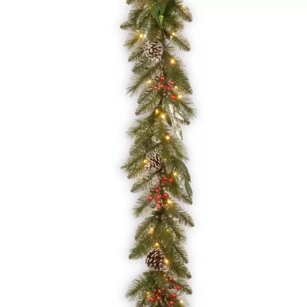 National Tree Company 9 ft. x 12 in. Frosted Pine Berry Collection Garlands with Cones, Red Berries, Silver Glittered Eucalyptus Leaves