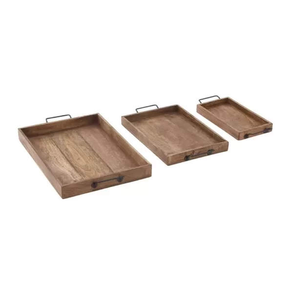 LITTON LANE Mahogany Brown Wood and Iron Trays (Set of 3)