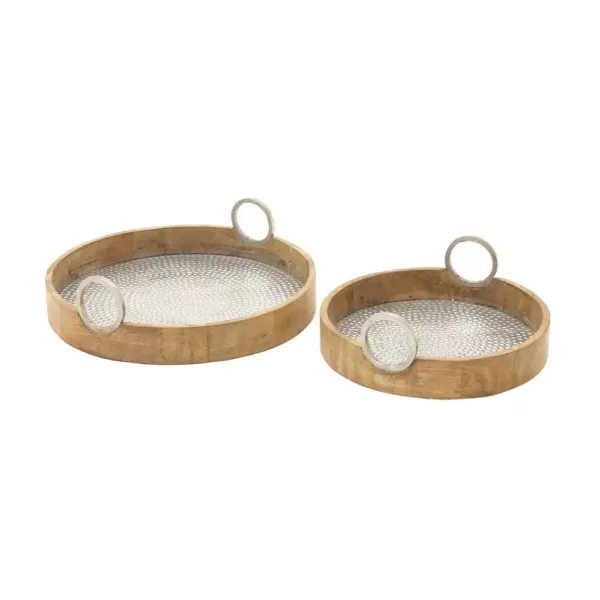 LITTON LANE Rustic Wood and Aluminum Round Trays (Set of 2)