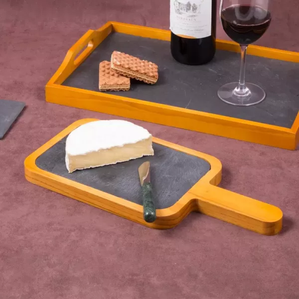 Creative Home 14.4 in. x 6.5 in. Natural Finish Pine Wood with Slate Insert Paddle Cheese Board Serving Board