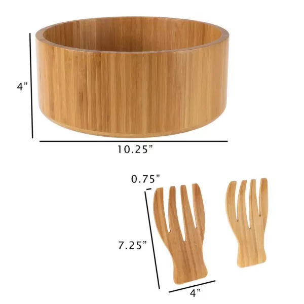 Classic Cuisine 10.25 in. Round Bamboo Salad Bowl with Utensils