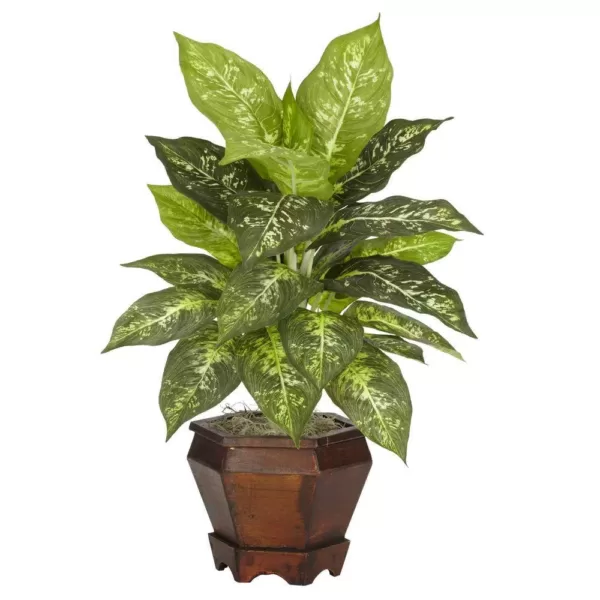 Nearly Natural 20.5 in. H Green Dieffenbachia Silk Plant with Wood Vase (Set of 2)