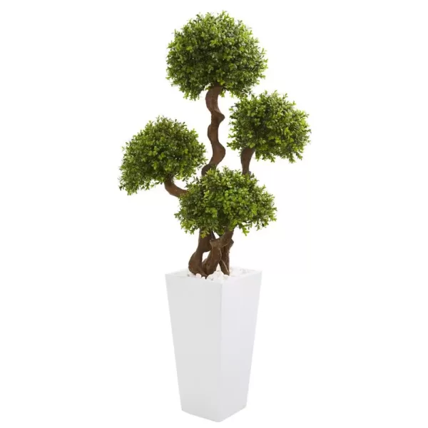 Nearly Natural 55 In. Four Ball Boxwood Artificial Topiary Tree in Tall White Planter