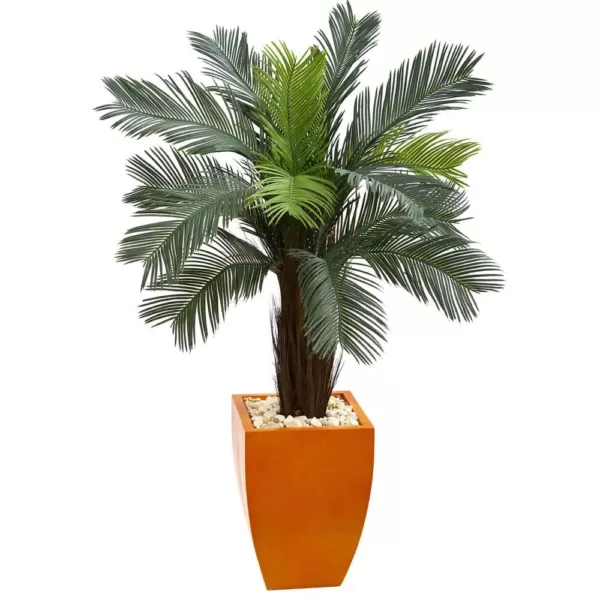 Nearly Natural 4.5 ft. High Indoor/Outdoor Cycas Artificial Tree in Orange Planter