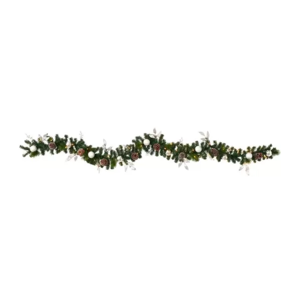 Nearly Natural 9 ft. Battery Operated Pre-lit Ornament and Pinecone Artificial Christmas Garland with 50 Clear LED Lights