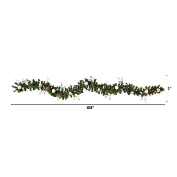 Nearly Natural 9 ft. Battery Operated Pre-lit Ornament and Pinecone Artificial Christmas Garland with 50 Clear LED Lights