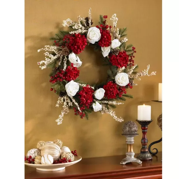 Nearly Natural 24in. Hydrangea Wreath with White Roses