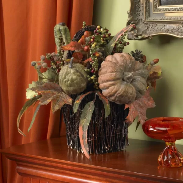 Nearly Natural 15 in. Fall Pumpkin and Berry Artificial Table Arrangement