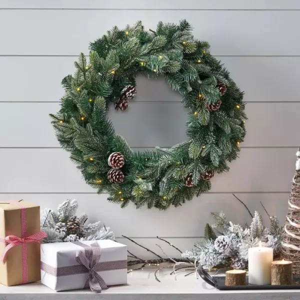 Noble House 24 in. Green Battery Operated Pre-Lit Warm White LED Mixed Spruce Artificial Christmas Wreath with Pine Cones