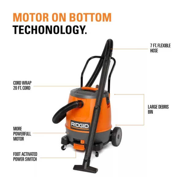 RIDGID 16 Gal. 6.5-Peak HP Motor-On-Bottom Wet/Dry Shop Vacuum with Fine Dust Filter, Hose and Accessories