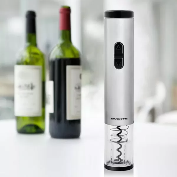 Ovente Modern Silver Wine Opener with Foil Cutter, LED, Cordless Stainless Steel (WO1381S)