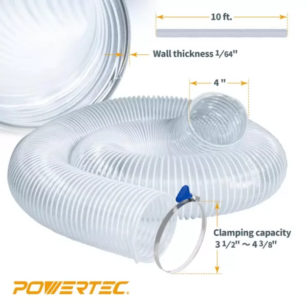 POWERTEC 4 in. x 10 ft. Flexible PVC Dust Collection Hose with 2 Key Hose Clamps, Clear Color