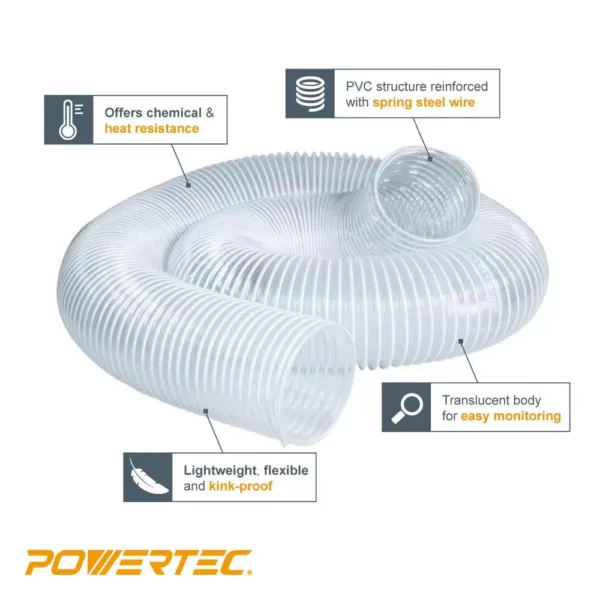 POWERTEC 4 in. x 10 ft. Flexible PVC Dust Collection Hose with 2 Key Hose Clamps, Clear Color