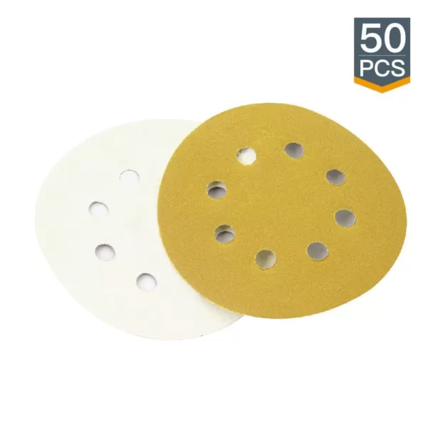 POWERTEC 5 in. 8-Hole 80-Grit Hook and Loop Sanding Discs in Gold (50-Pack)