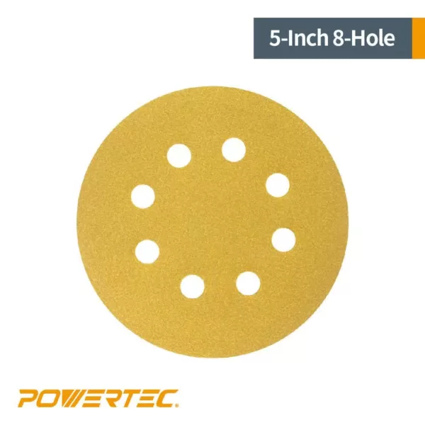 POWERTEC 5 in. 8 Hole 320-Grit Hook and Loop Sanding Discs in Gold (50-Pack)