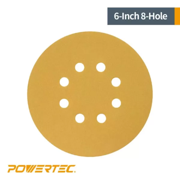 POWERTEC 6 in. 8 Hole 60-Grit Hook and Loop Sanding Discs in Gold (50-Pack)