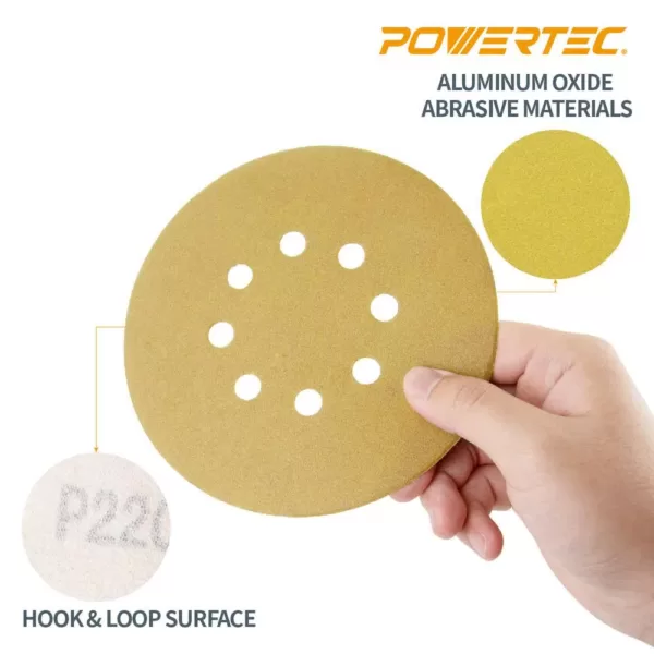 POWERTEC 6 in. 8-Hole 150-Grit Hook and Loop Sanding Discs in Gold (50-Pack)