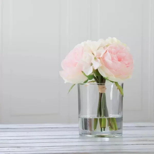 Pure Garden 7.5 in. Hydrangea and Rose Floral Pink and Cream Arrangement