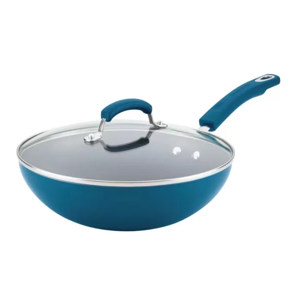 Rachael Ray Classic Brights 11 in. Aluminum Nonstick Stir Fry Pan in Marine Blue Gradient with Glass Lid