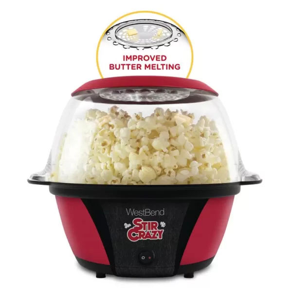 West Bend 6 oz. Red Stir Crazy Electric Hot Oil Popcorn Popper Machine with Stirring Rod Large Lid with Improved Butter Melting