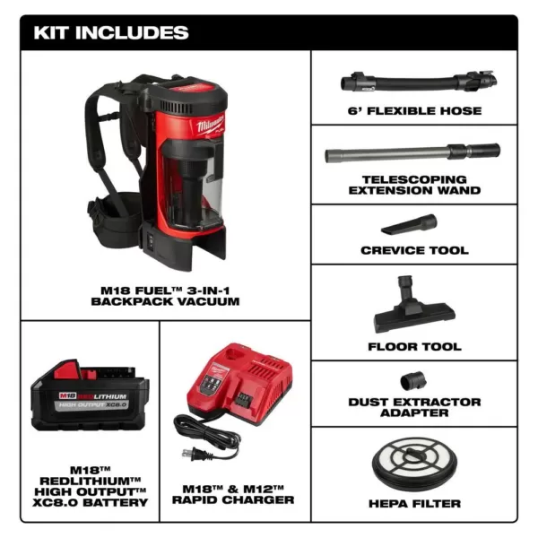 Milwaukee M18 Fuel 18-Volt Lithium-Ion Brushless Cordless 1 Gal. 3-in-1 Backpack Vacuum Kit and One 8.0 Ah Battery and Accessories