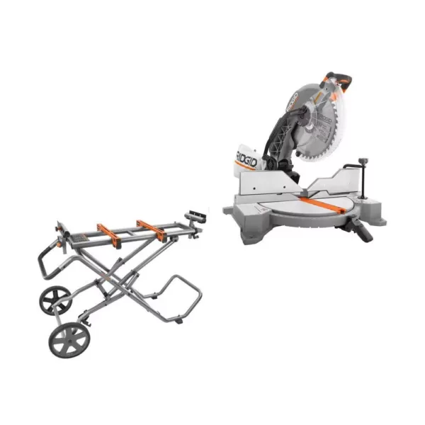 RIDGID 15 Amp Corded 12 in. Dual Bevel Miter Saw with LED with Universal Mobile Miter Saw Stand with Mounting Braces