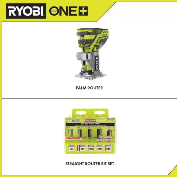 RYOBI 18-Volt ONE+ Cordless Fixed Base Trim Router (Tool Only) with Straight Router Bit Set (5-Piece)