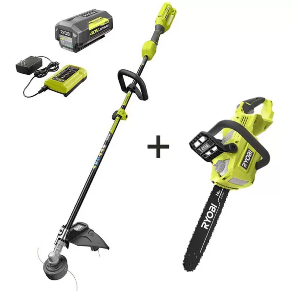 RYOBI 40-Volt Lithium-Ion Cordless Attachment Capable String Trimmer and Brushless Chainsaw w/4.0Ah Battery & Charger Included