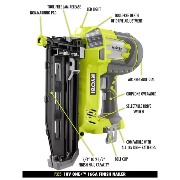 RYOBI 18-Volt ONE+ AirStrike 16-Gauge Cordless Straight Finish Nailer Kit with ONE+ 2.0 Ah Lithium-Ion Battery and Charger