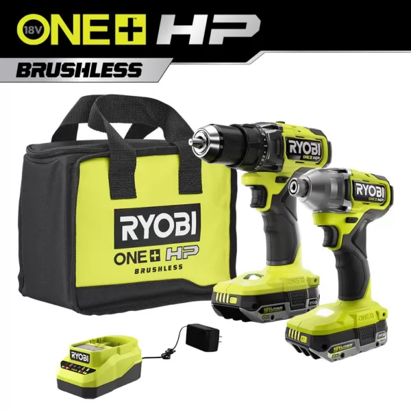 RYOBI ONE+ HP 18V Brushless Cordless 1/2 in. Drill/Driver and Impact Driver Kit with (2) 2.0 Ah Batteries, Charger, and Bag