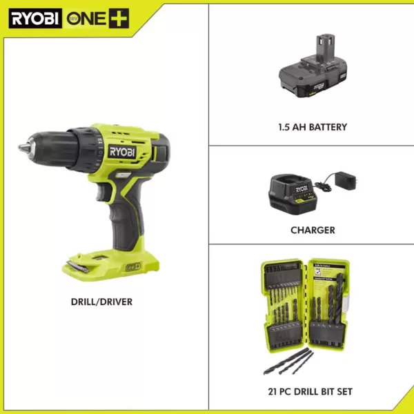 RYOBI 18-Volt Cordless ONE+ 1/2 in. Drill/Driver Kit w/(1) 1.5 Ah Battery and Charger and Black Oxide Drill Bit Set (21-Piece)