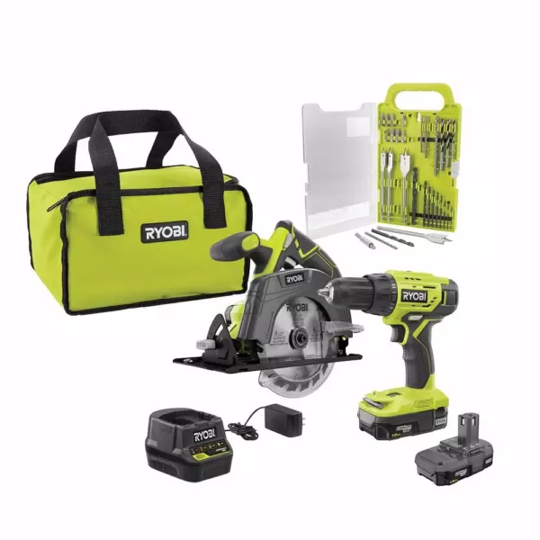 RYOBI 18-Volt ONE+ Cordless 2-Tool Combo Kit w/ Drill/Driver, Circular Saw w/ BONUS Black Oxide Drill & Drive Kit (31-Piece)