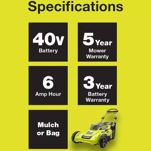 RYOBI 20 in. 40-Volt Brushless Lithium-Ion Cordless Battery Walk Behind Push Lawn Mower two 6.0 AhBatteries & Charger Included