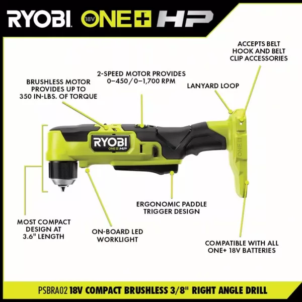 RYOBI ONE+ HP 18V Brushless Cordless Compact 3/8 in. Right Angle Drill (Tool Only)