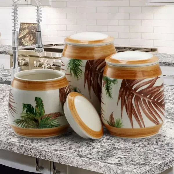 Elama Paradise Palms Sand 3-Piece Ceramic Canister Set with Ceramic Tops