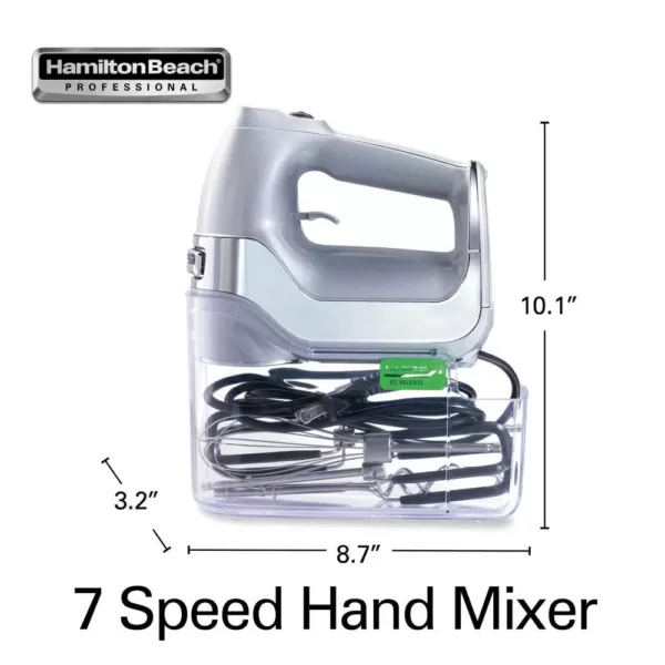 Hamilton Beach 7-Speed Electric Hand Mixer, Silver and Chrome, with SoftScrape Beaters, Whisk, Dough Hooks and Snap-On Storage Case